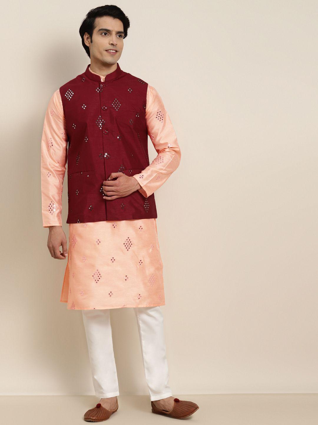 sojanya men peach-coloured embroidered mirror work kurta with pyjamas & nehru jacket
