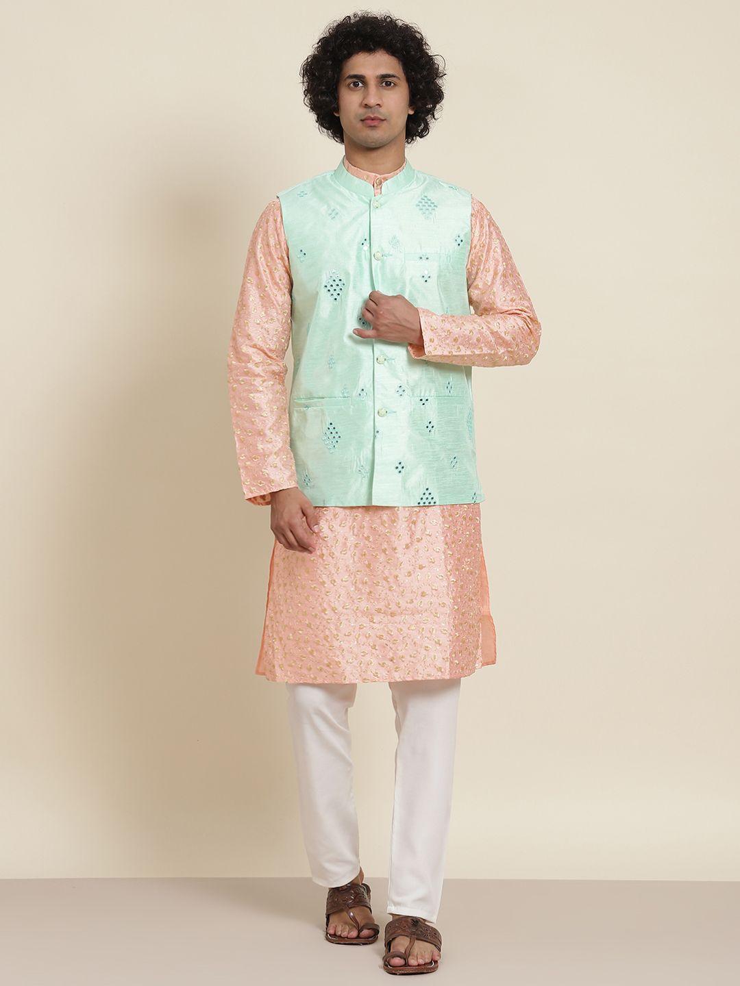 sojanya men peach-coloured floral embroidered kurta with churidar & nehru jacket
