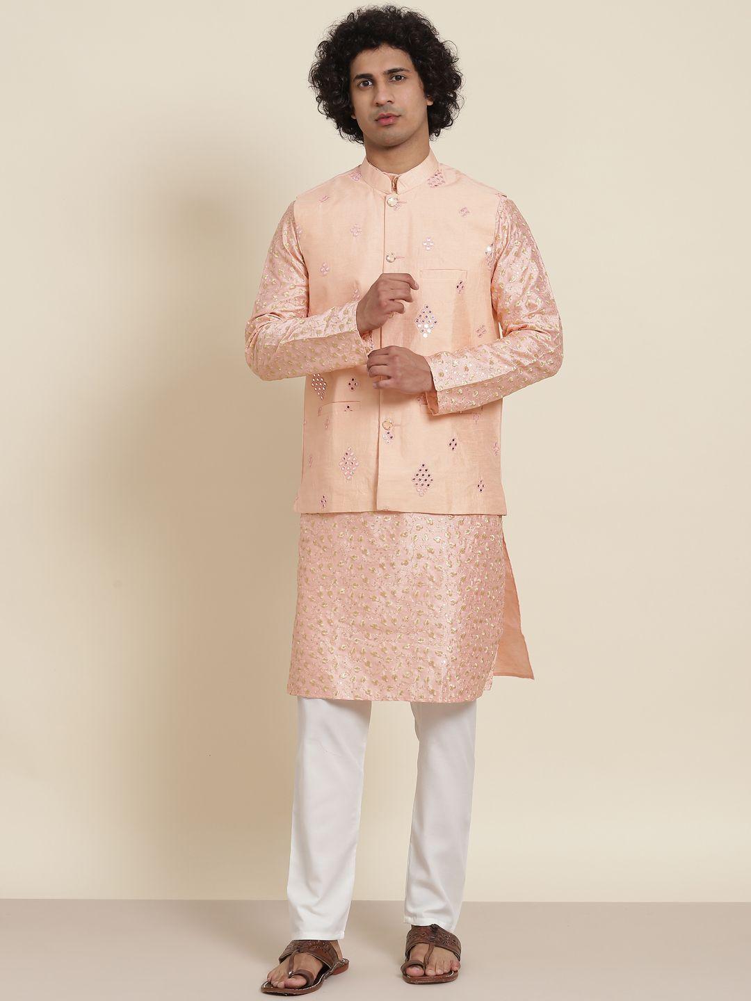 sojanya men peach-coloured floral embroidered sequinned kurta with pyjamas & nehru jacket