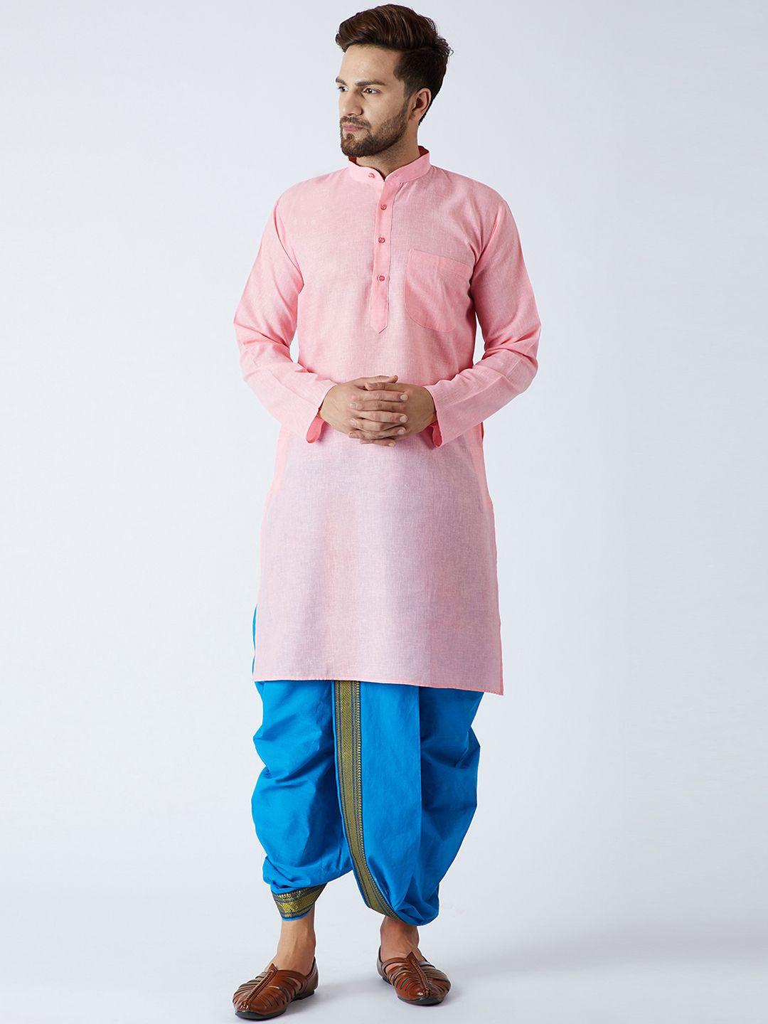 sojanya men pink & blue solid kurta with dhoti pants