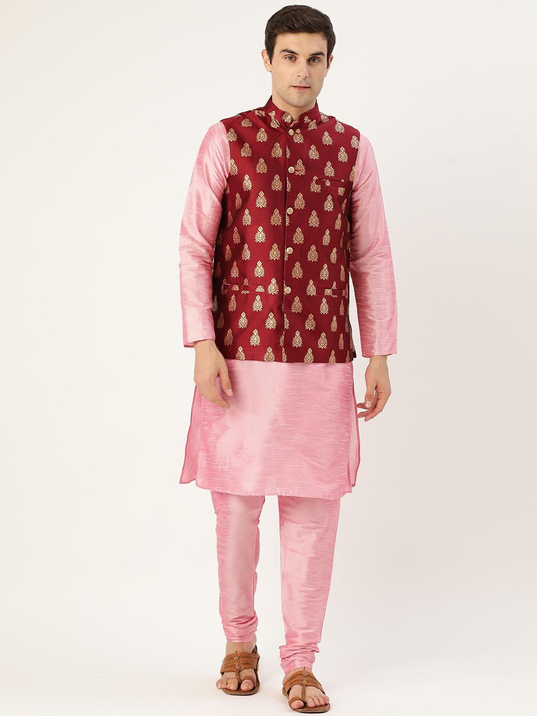 sojanya men pink & maroon solid kurta with churidar & nehru jacket