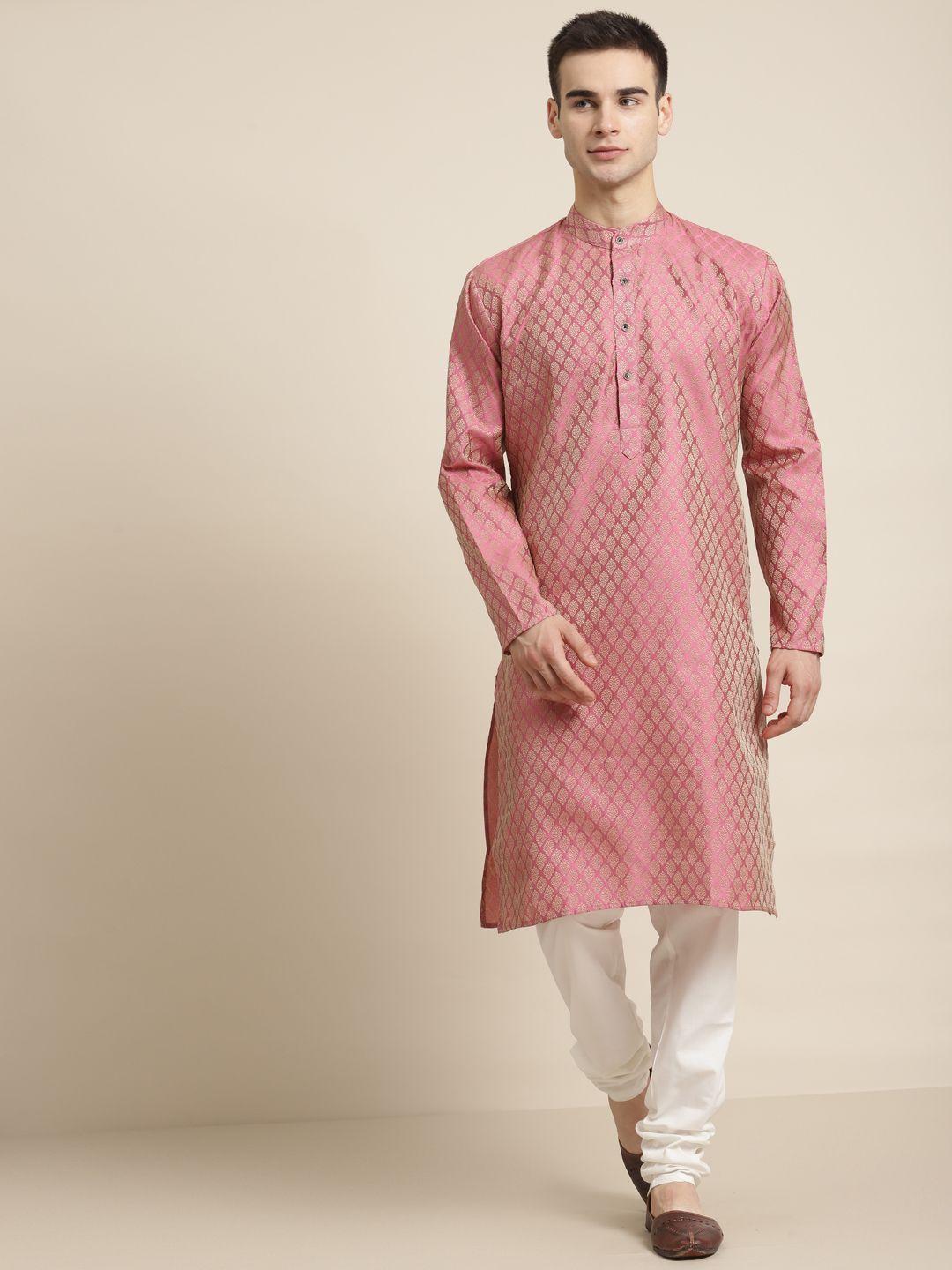 sojanya men pink & off-white woven design kurta with churidar