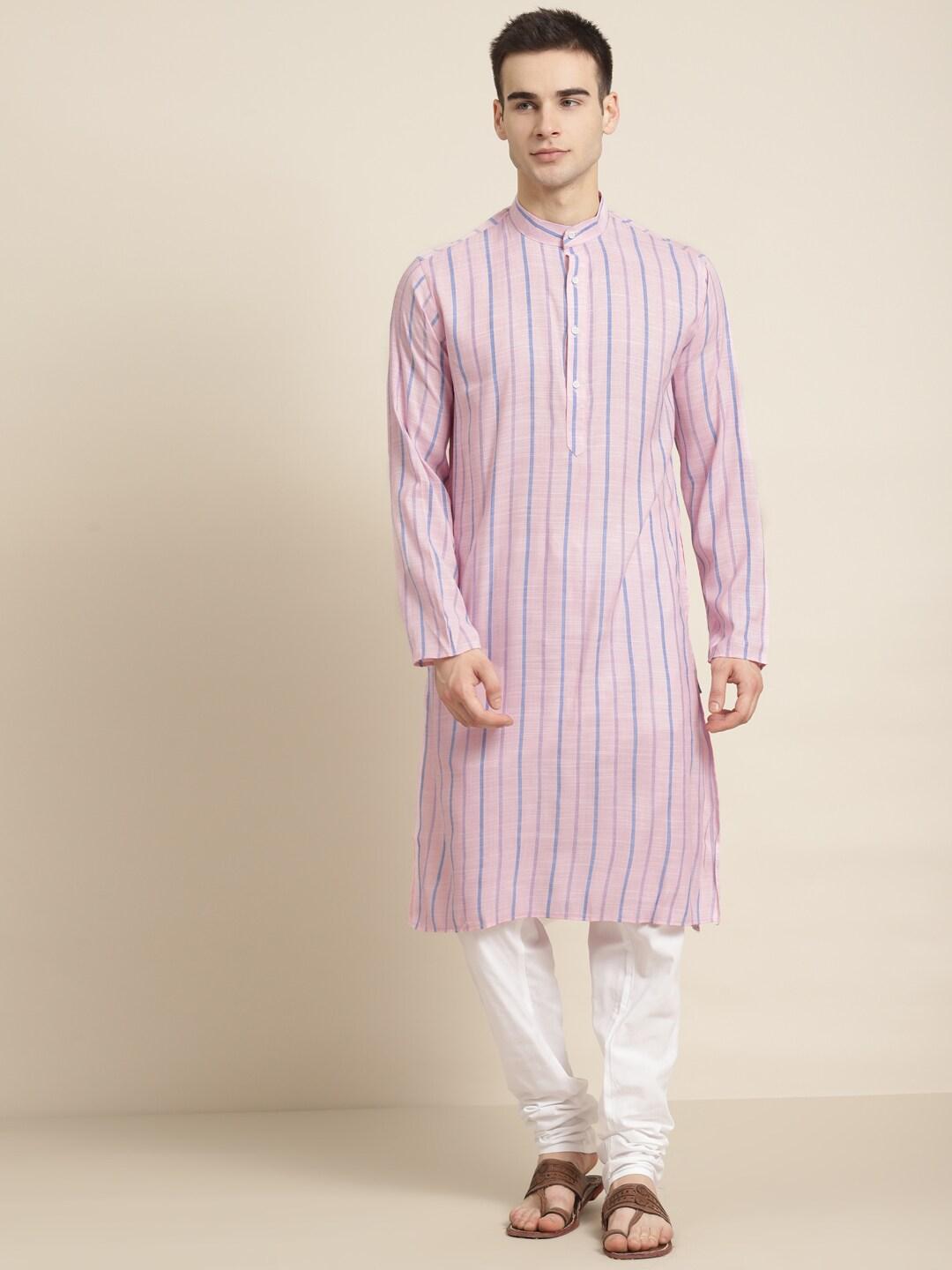 sojanya men pink & white striped cotton kurta with churidar