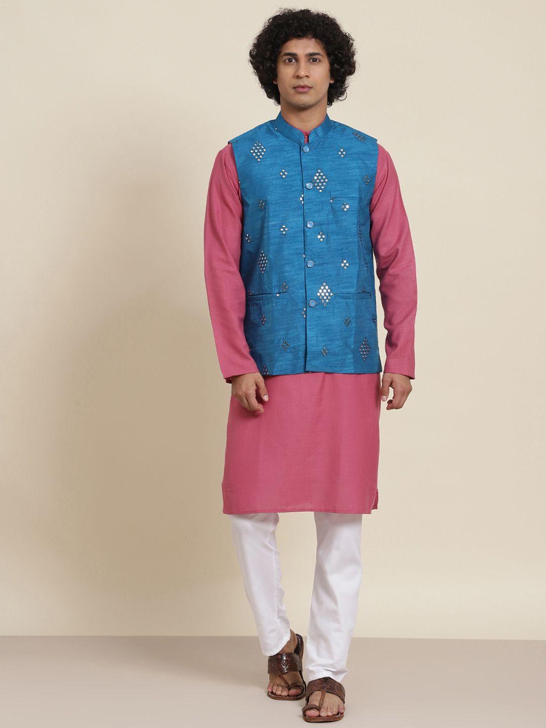 sojanya men pink pure cotton solid kurta & churidar comes with a nehru jacket
