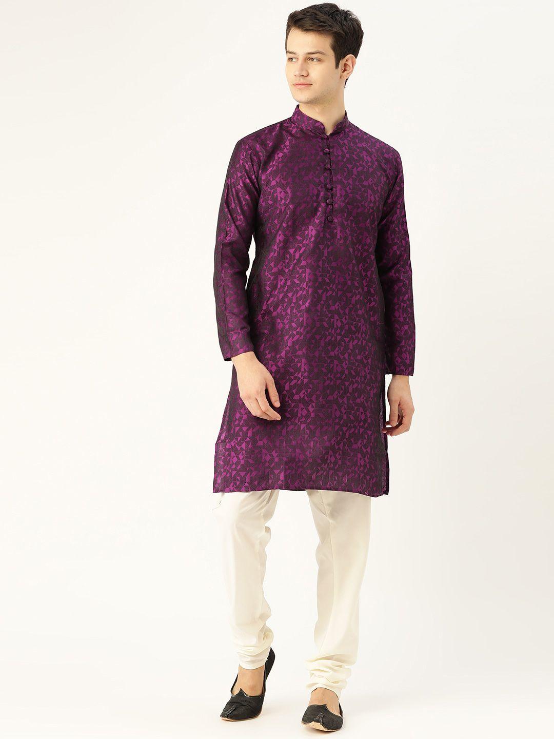 sojanya men purple & black woven design straight kurta