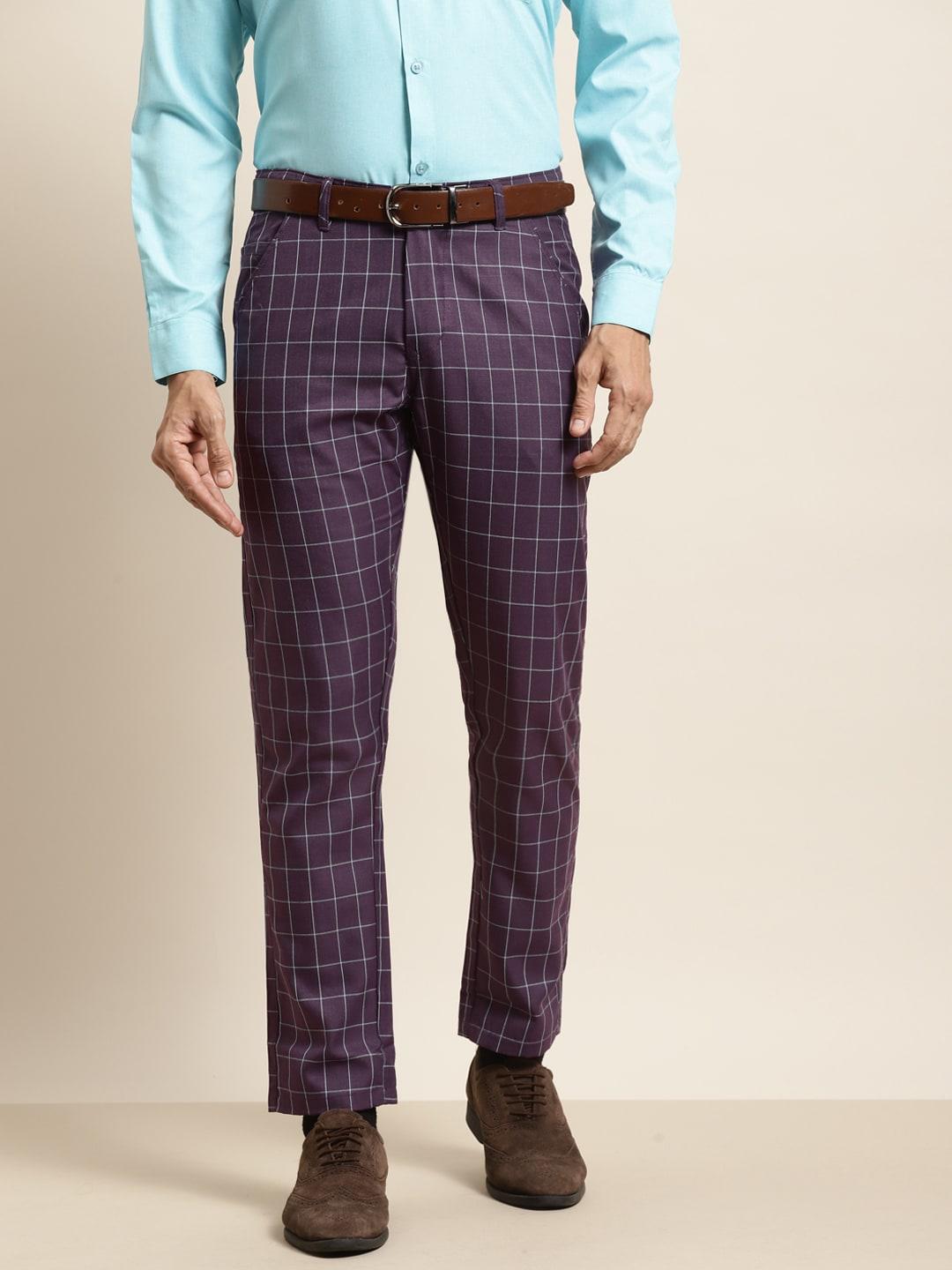 sojanya men purple & blue checked smart regular fit formal trousers