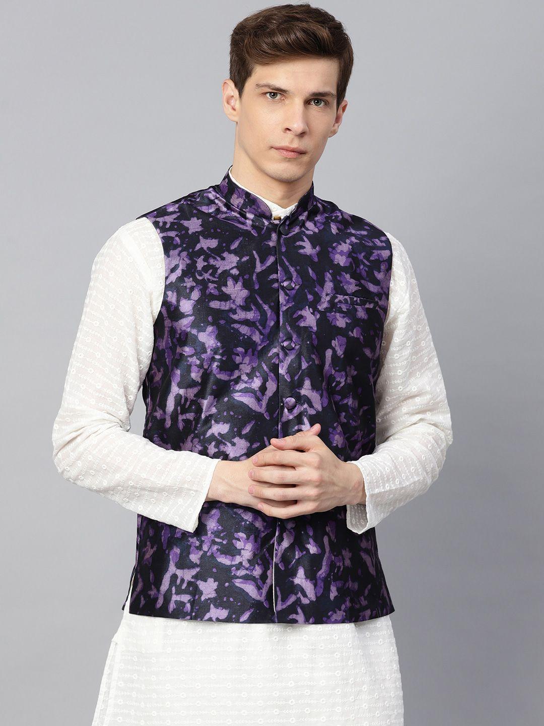 sojanya men purple & navy blue printed nehru jacket