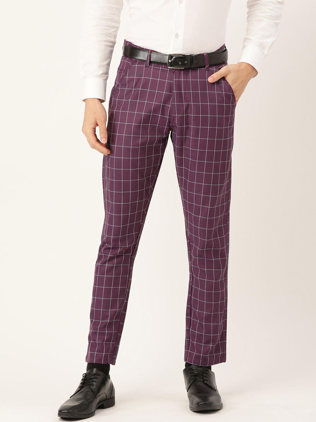 sojanya men purple & white checked smart fit formal trousers