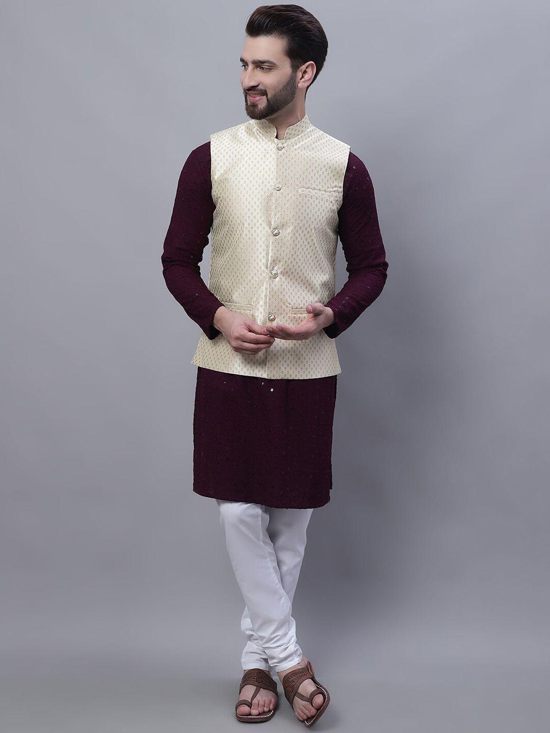 sojanya men purple ethnic motifs embroidered regular sequinned pure cotton kurta with churidar