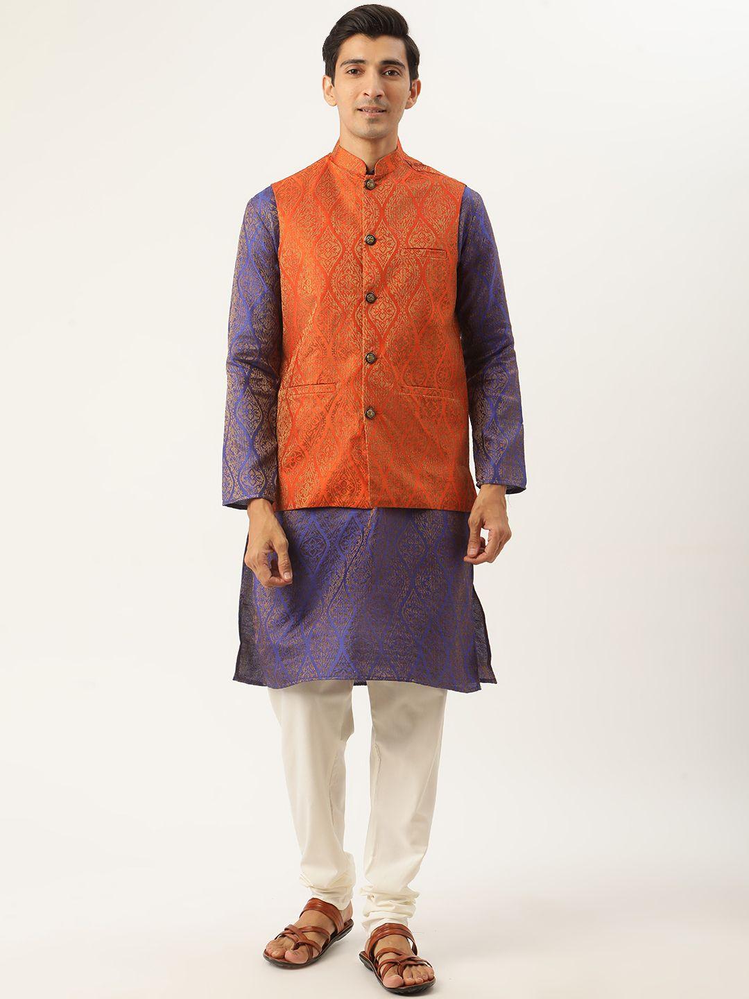 sojanya men purple ethnic motifs kurta with churidar & nehru jacket