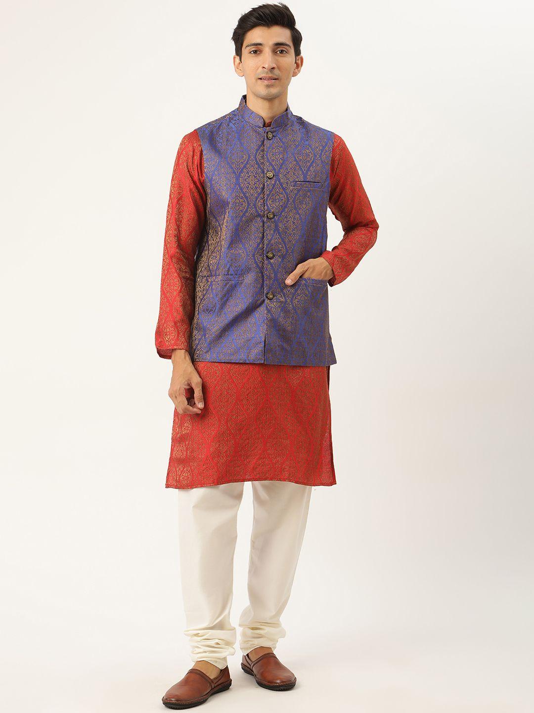 sojanya men red ethnic motifs jacquard silk kurta with churidar & nehru jacket