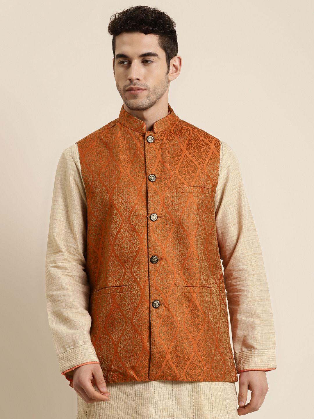 sojanya-men-rust-orange-&-golden-woven-design-nehru-jacket