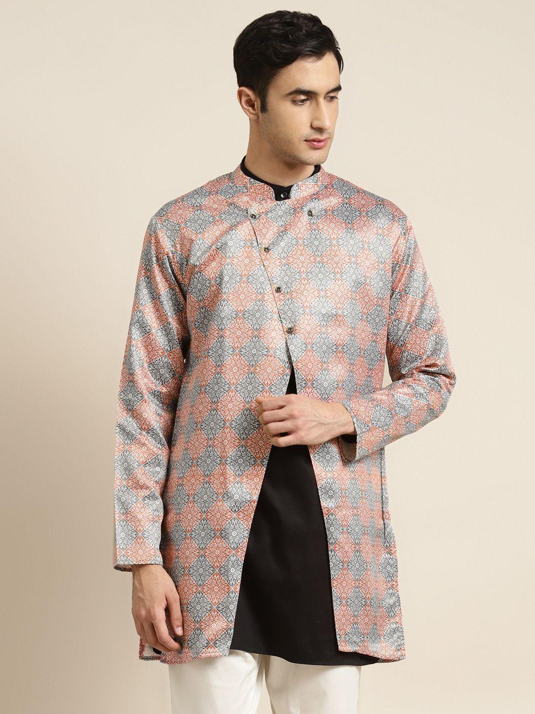 sojanya men rust orange & white ethnic motifs print tailored longline jacket