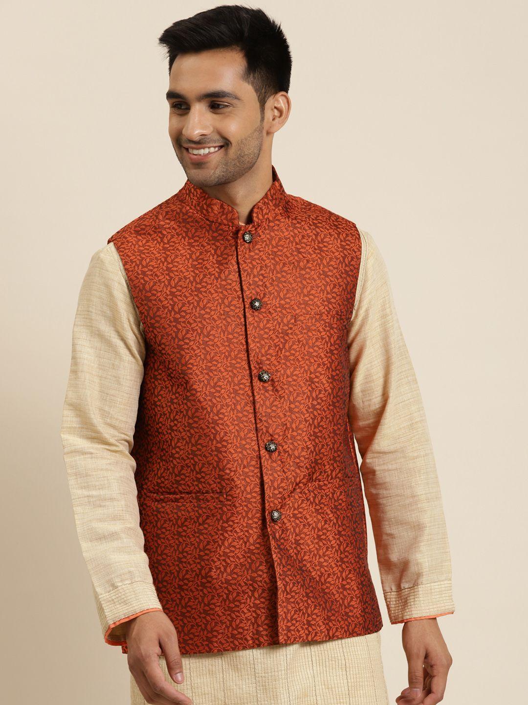 sojanya-men-rust-orange-embroidered-jacquard-silk-nehru-jacket