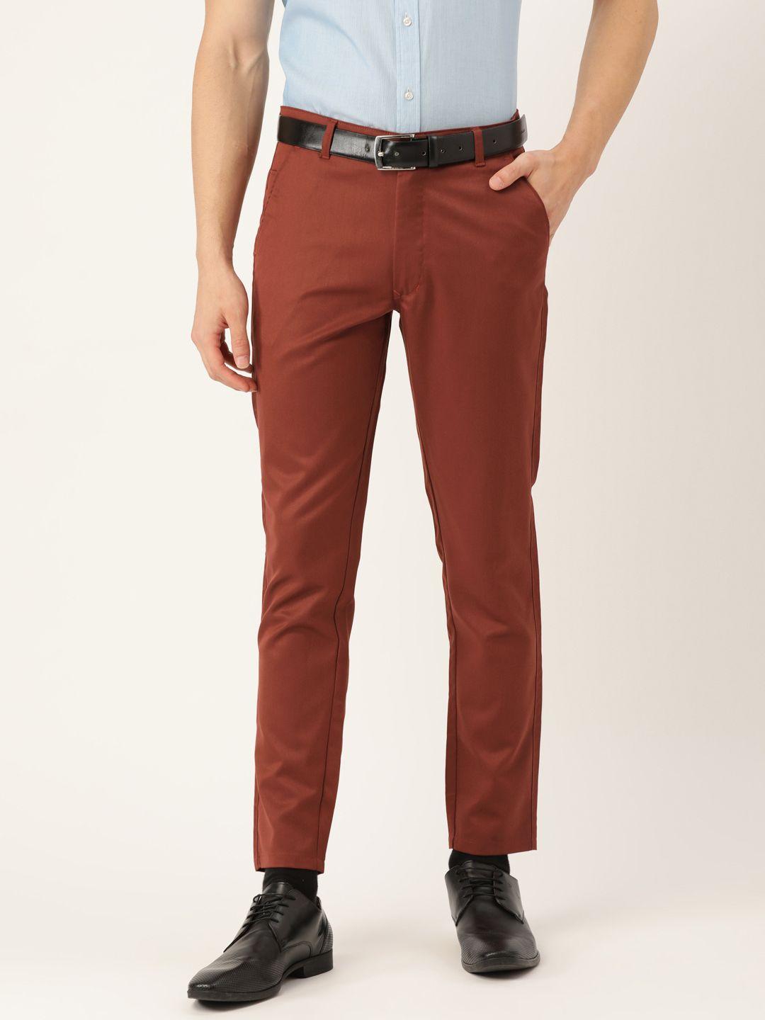 sojanya men rust red solid smart fit formal trousers