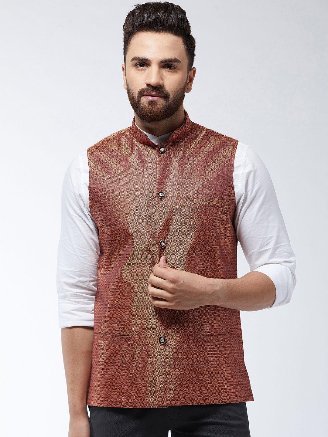 sojanya-men-rust-red-woven-design-nehru-jacket