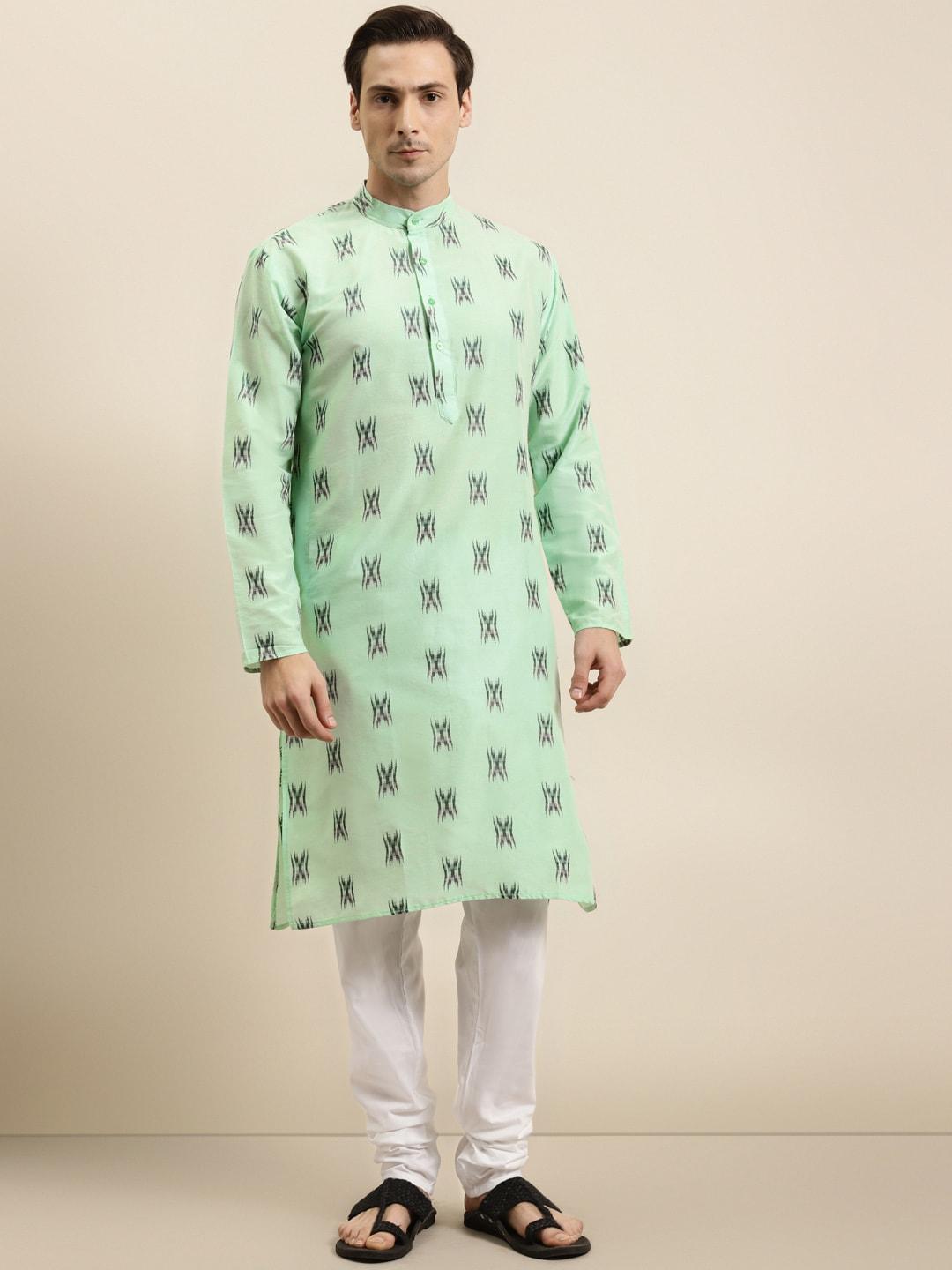 sojanya men sea green & black ikat woven design pure cotton kurta with churidar