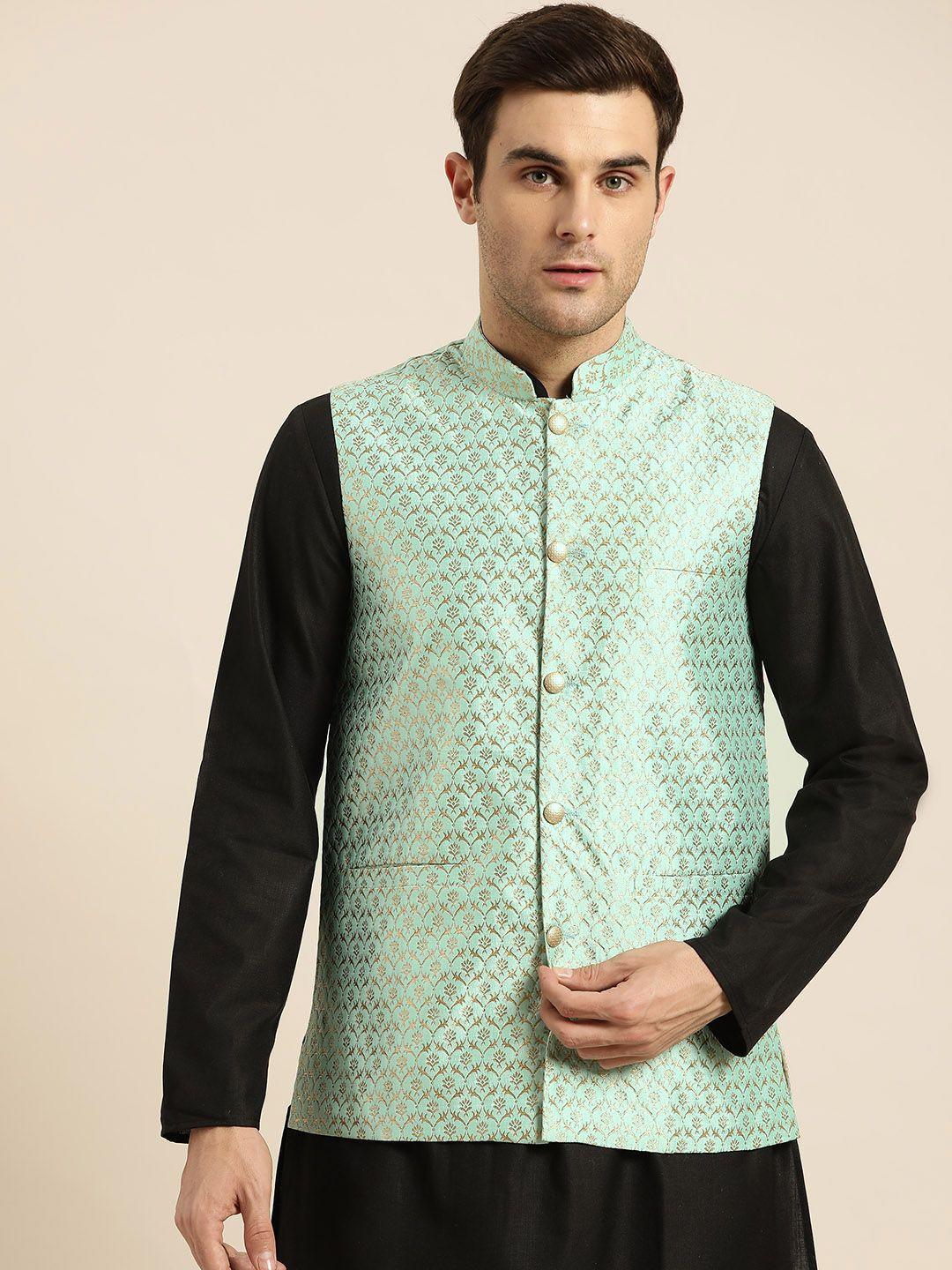 sojanya men sea green & golden woven design nehru jacket