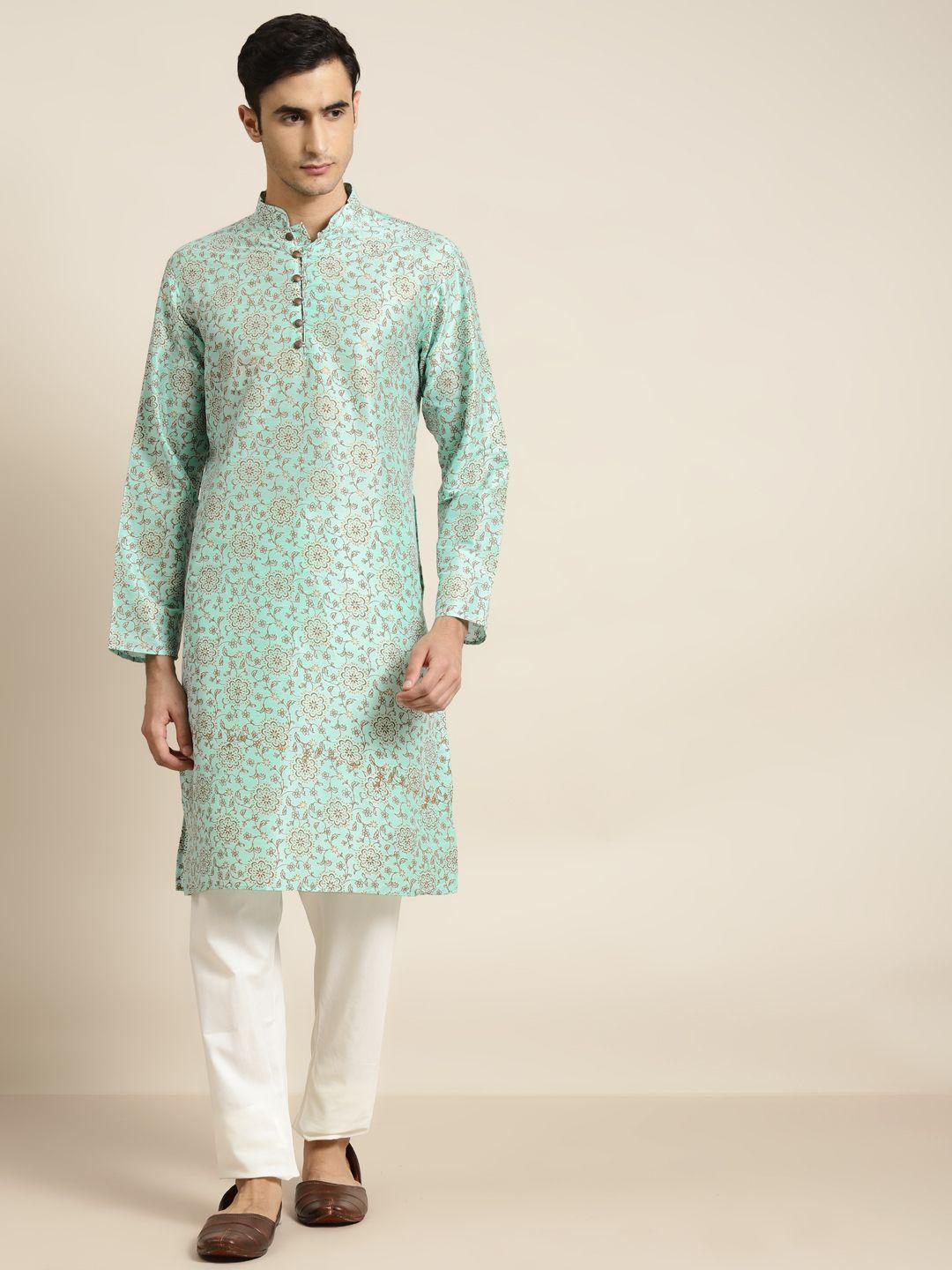 sojanya men sea green & off-white printed kurta with churidar