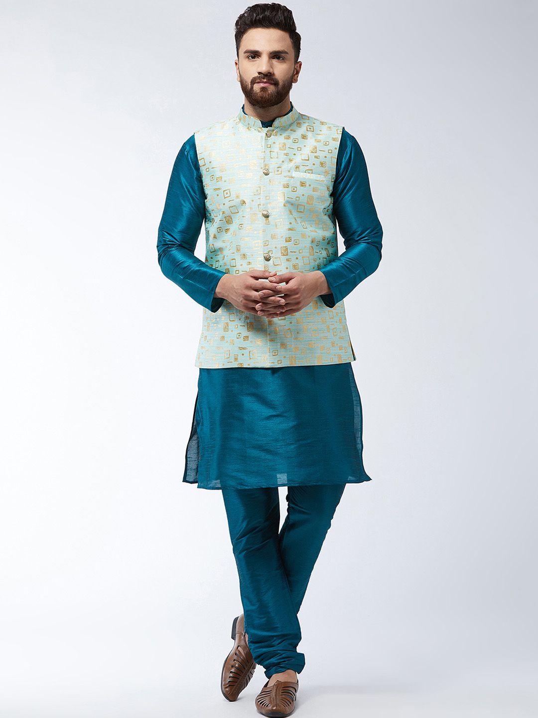 sojanya men sea green & teal blue solid  solid kurta with churidar & nehru jacket