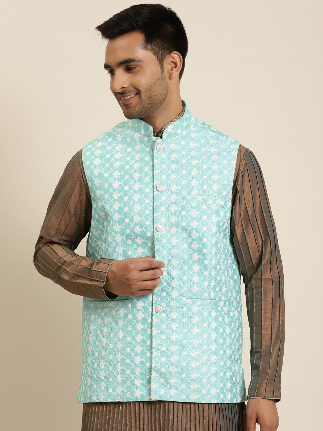 sojanya-men-sea-green-&-white-ethnic-motifs-embroidered-nehru-jacket