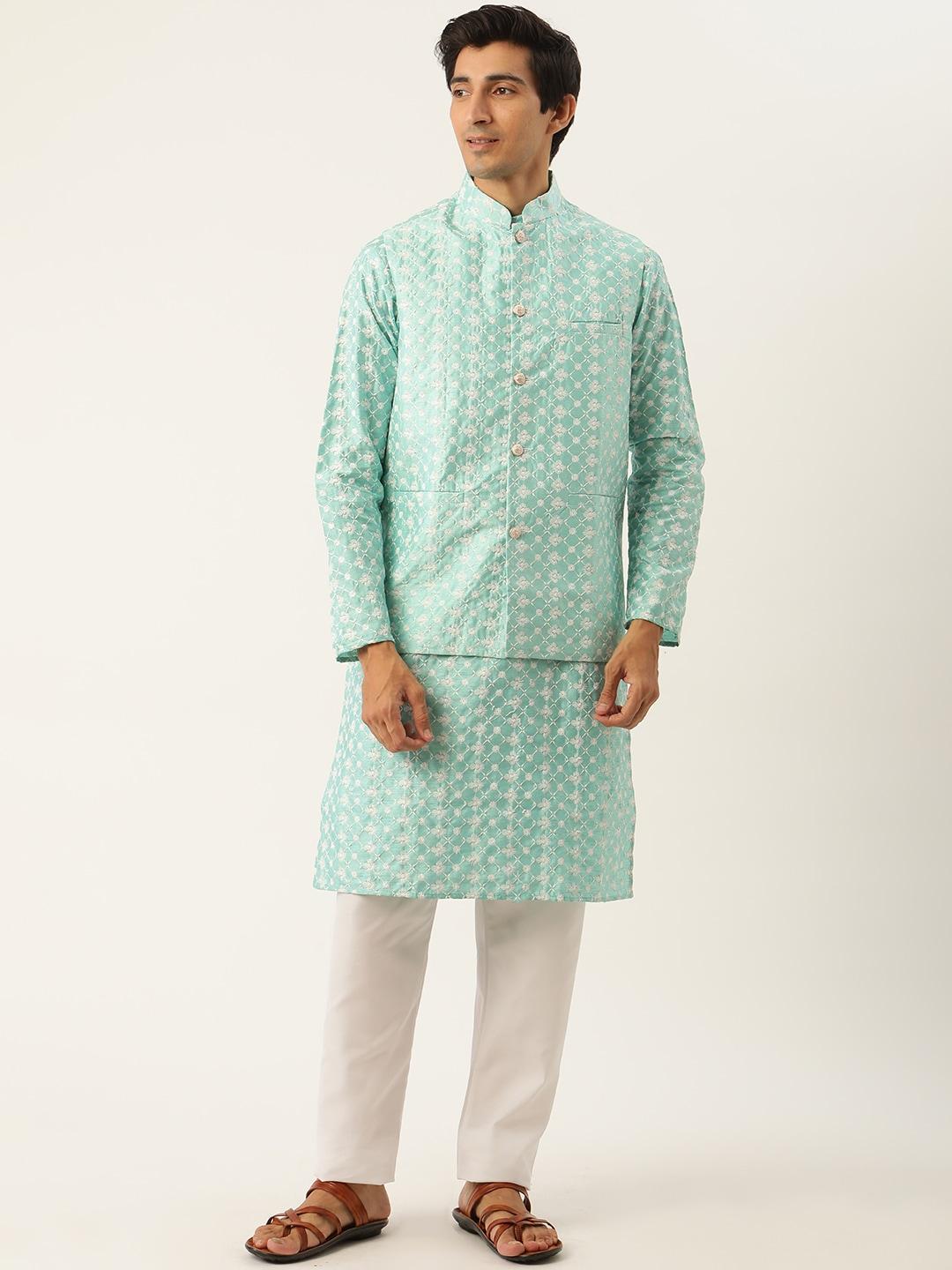 sojanya men sea green & white woven design kurta with pyjamas & nehru jacket