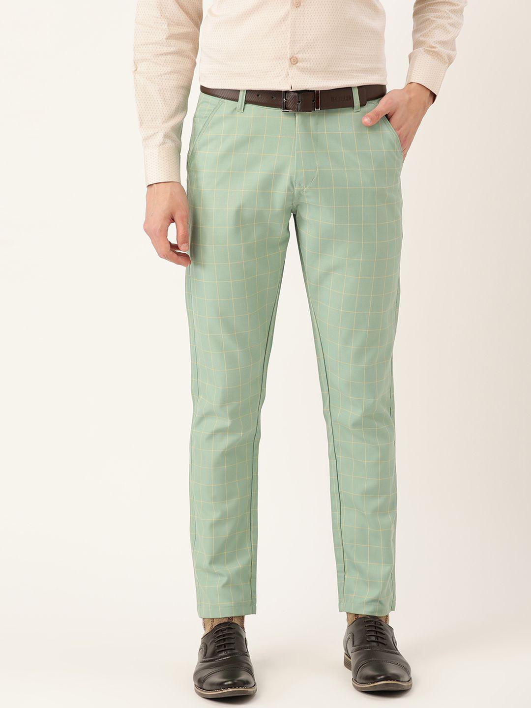 sojanya men sea green & yellow checked smart fit formal trousers