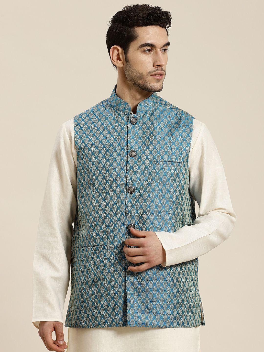 sojanya-men-teal-blue-&-beige-woven-design-jacquard-nehru-jacket