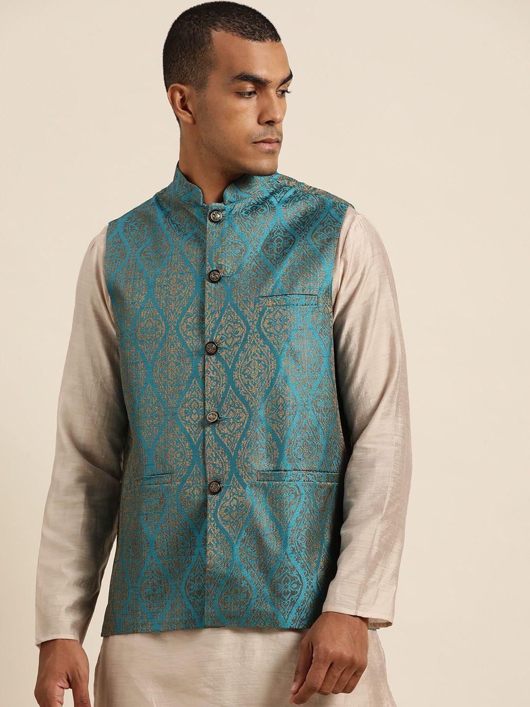 sojanya-men-teal-blue-&-golden-woven-design-jacquard-silk-nehru-jacket