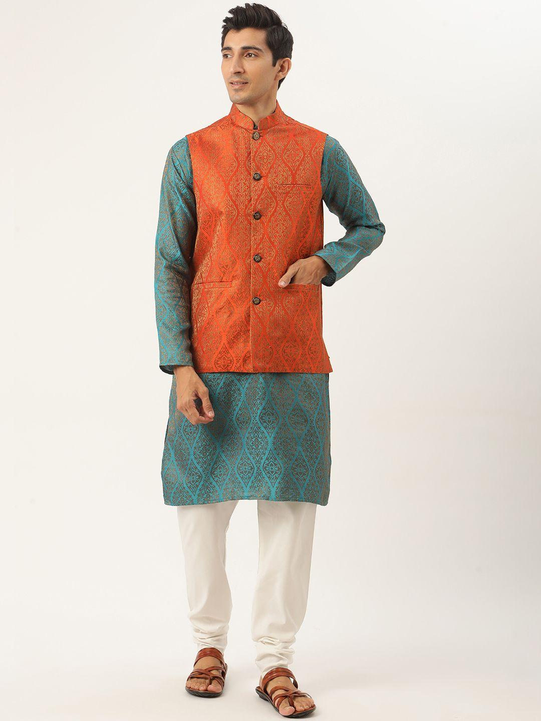sojanya men teal blue & orange ethnic motifs kurta  with churidar & nehru jacket
