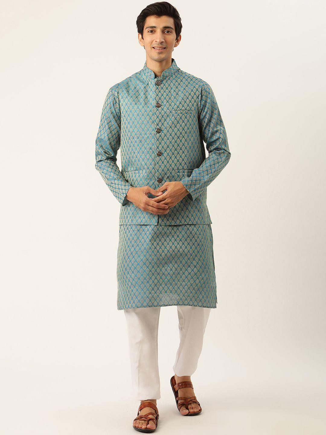 sojanya men teal blue & white off-woven design kurta with pyjamas & nehru jacket