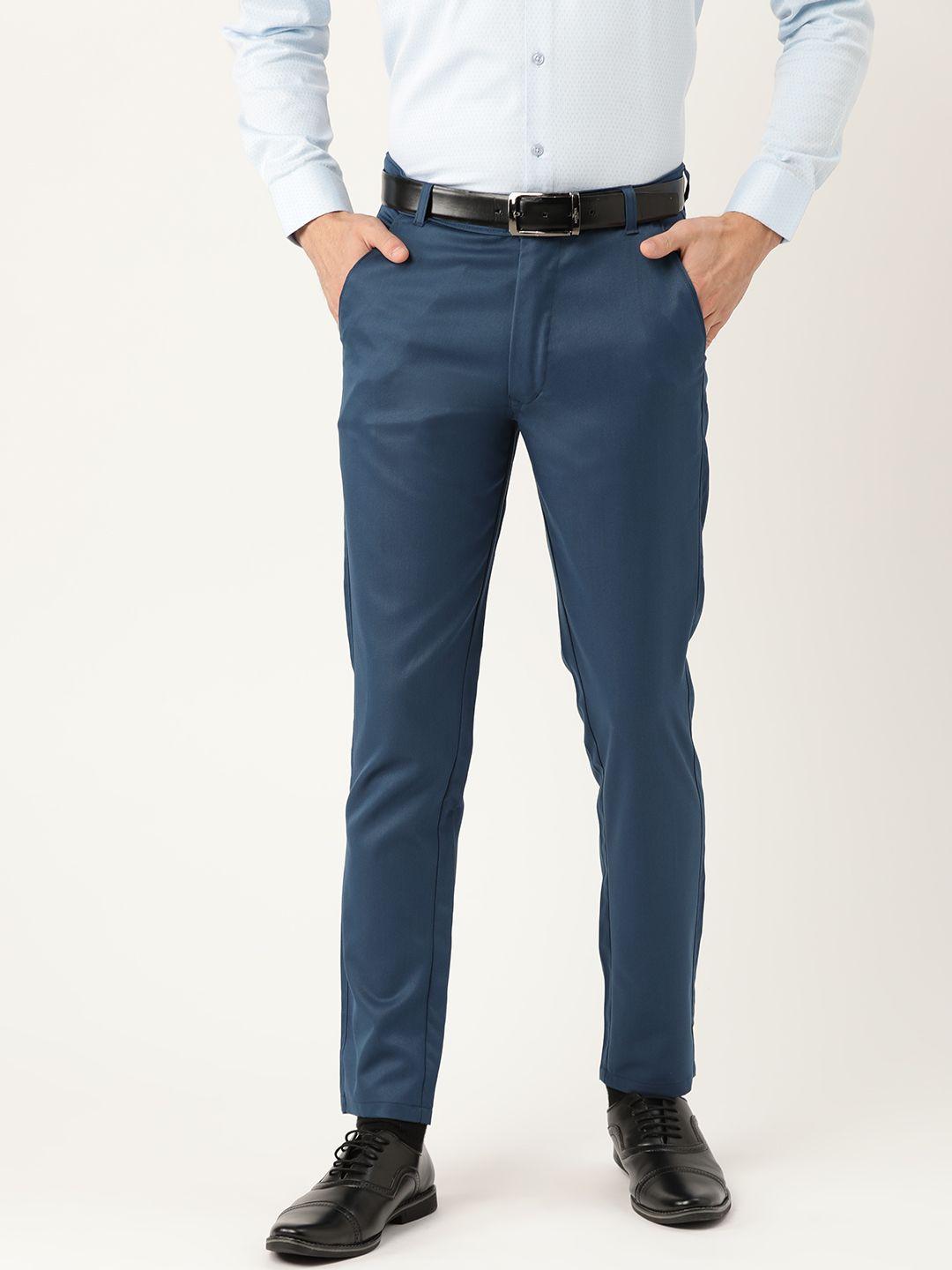 sojanya men teal blue smart regular fit solid formal trousers