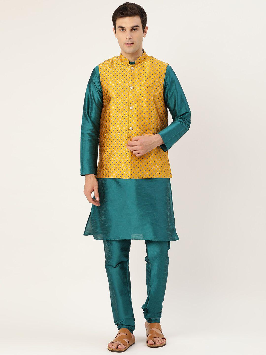 sojanya men teal green & mustard yellow solid kurta with churidar & nehru jacket