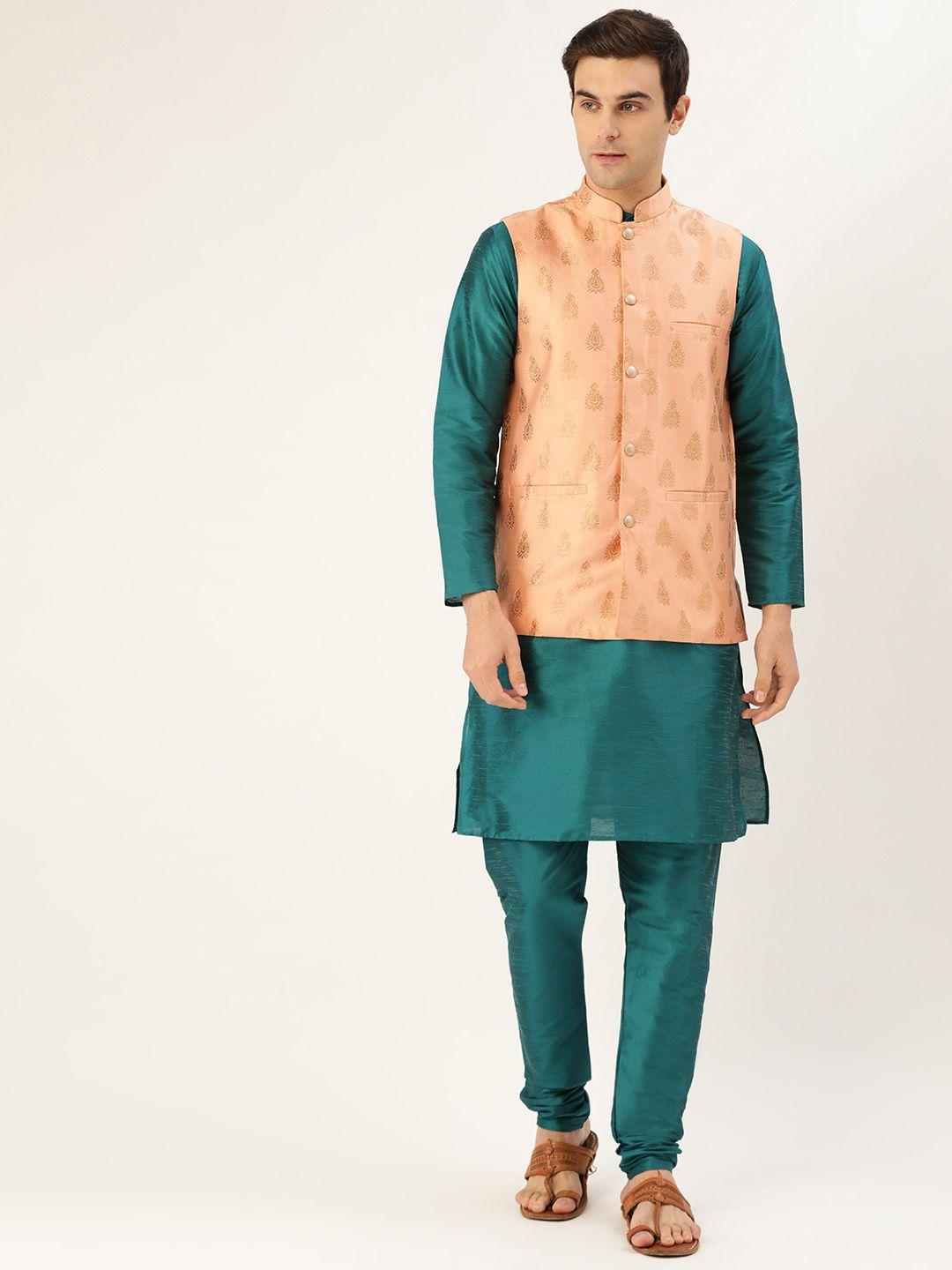 sojanya men teal green & peach-coloured solid kurta with churidar & nehru jacket