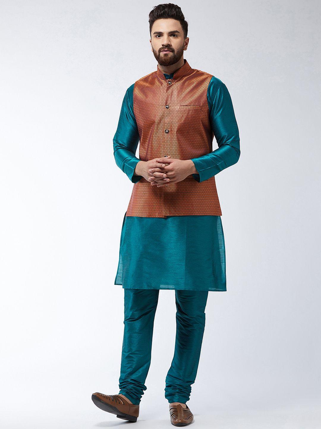 sojanya men teal green & rust brown solid kurta with churidar & nehru jacket