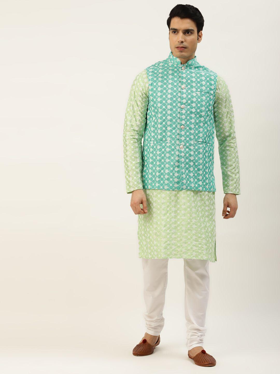 sojanya men turquoise blue & green ethnic motifs embroidered kurta with churidar