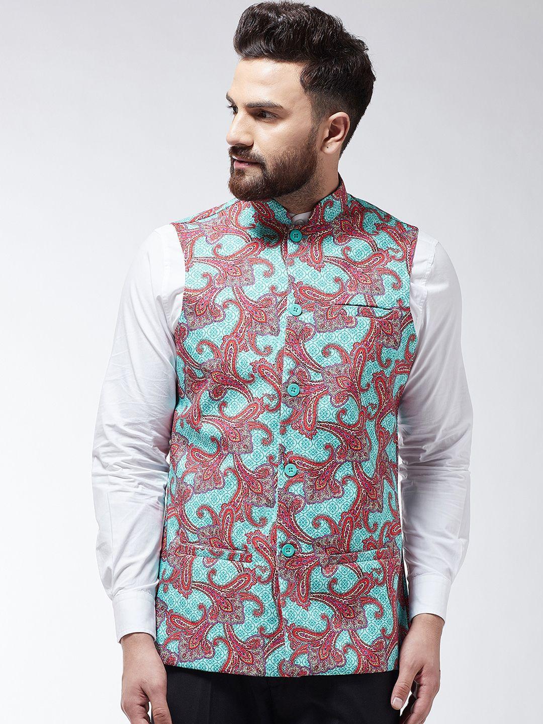 sojanya men turquoise blue & red printed nehru jacket