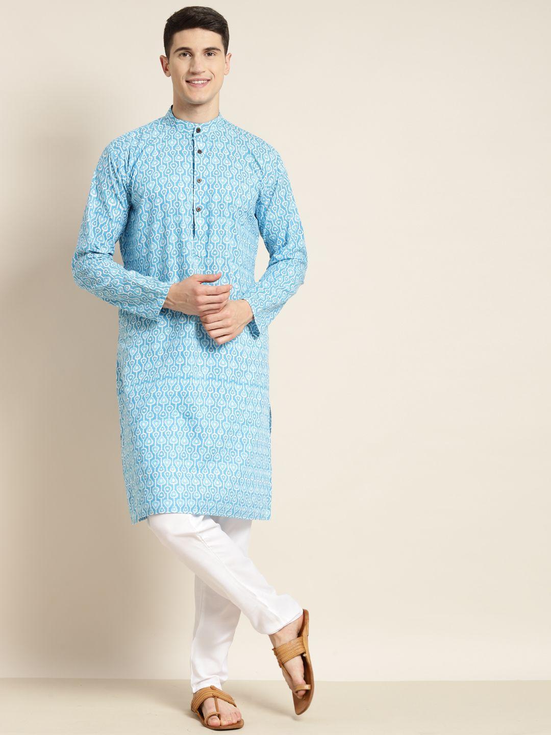 sojanya men turquoise blue printed cotton kurta with churidar