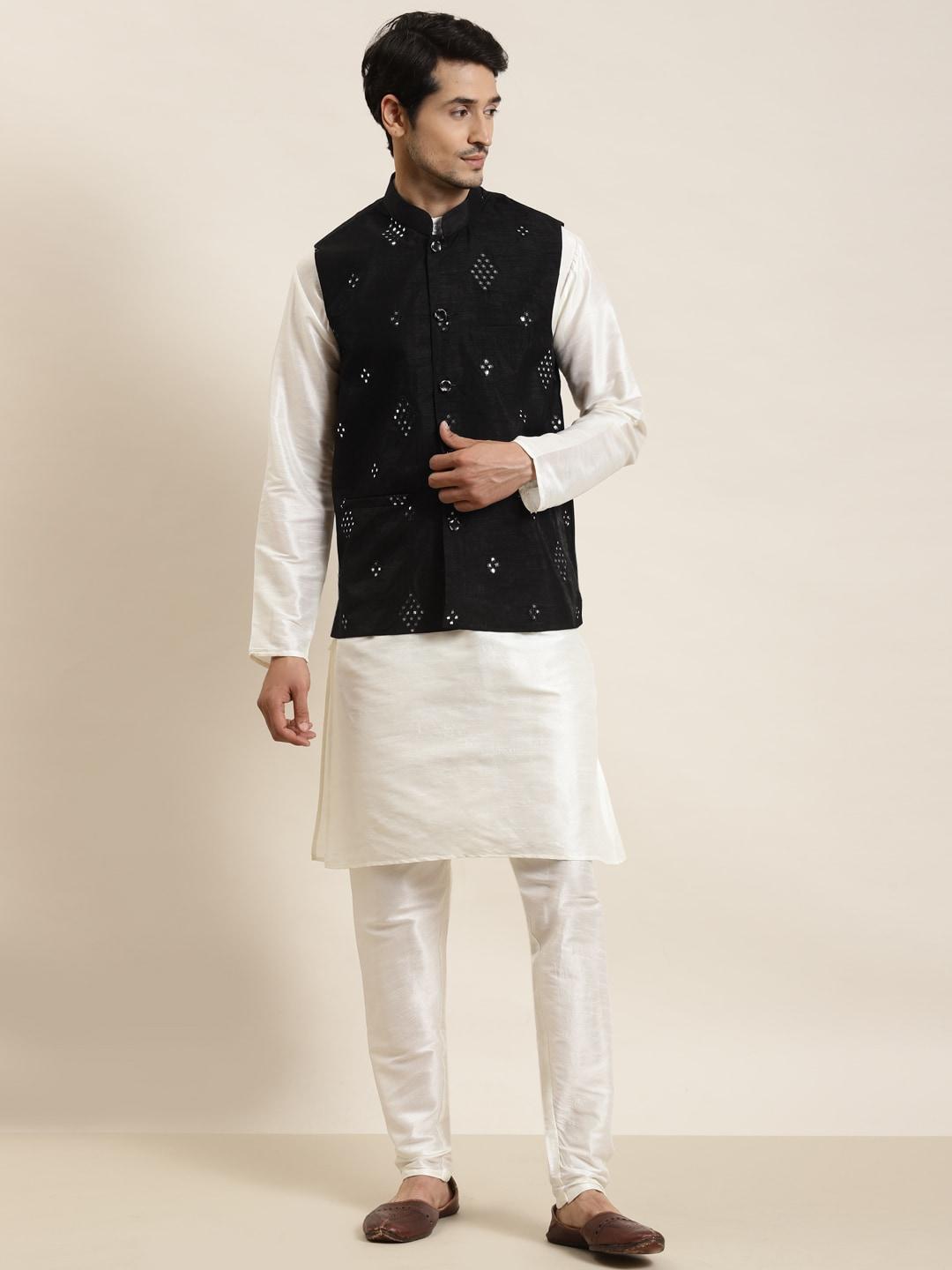 sojanya men white silk cotton kurta with churidar