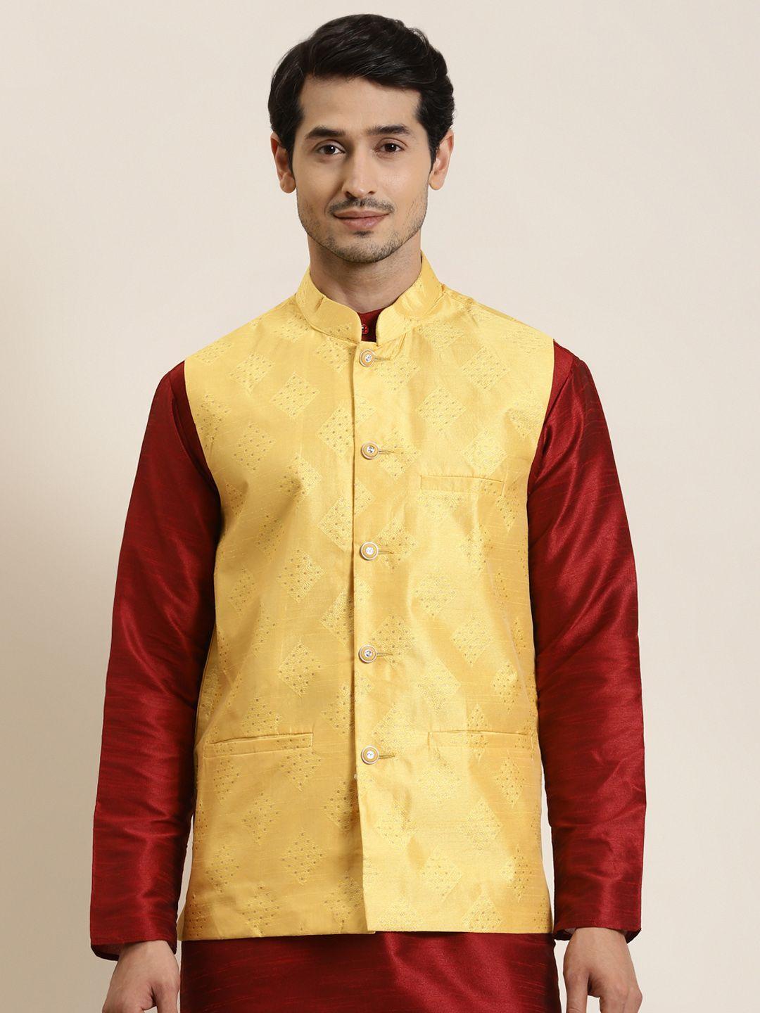 sojanya men yellow & golden woven design nehru jacket