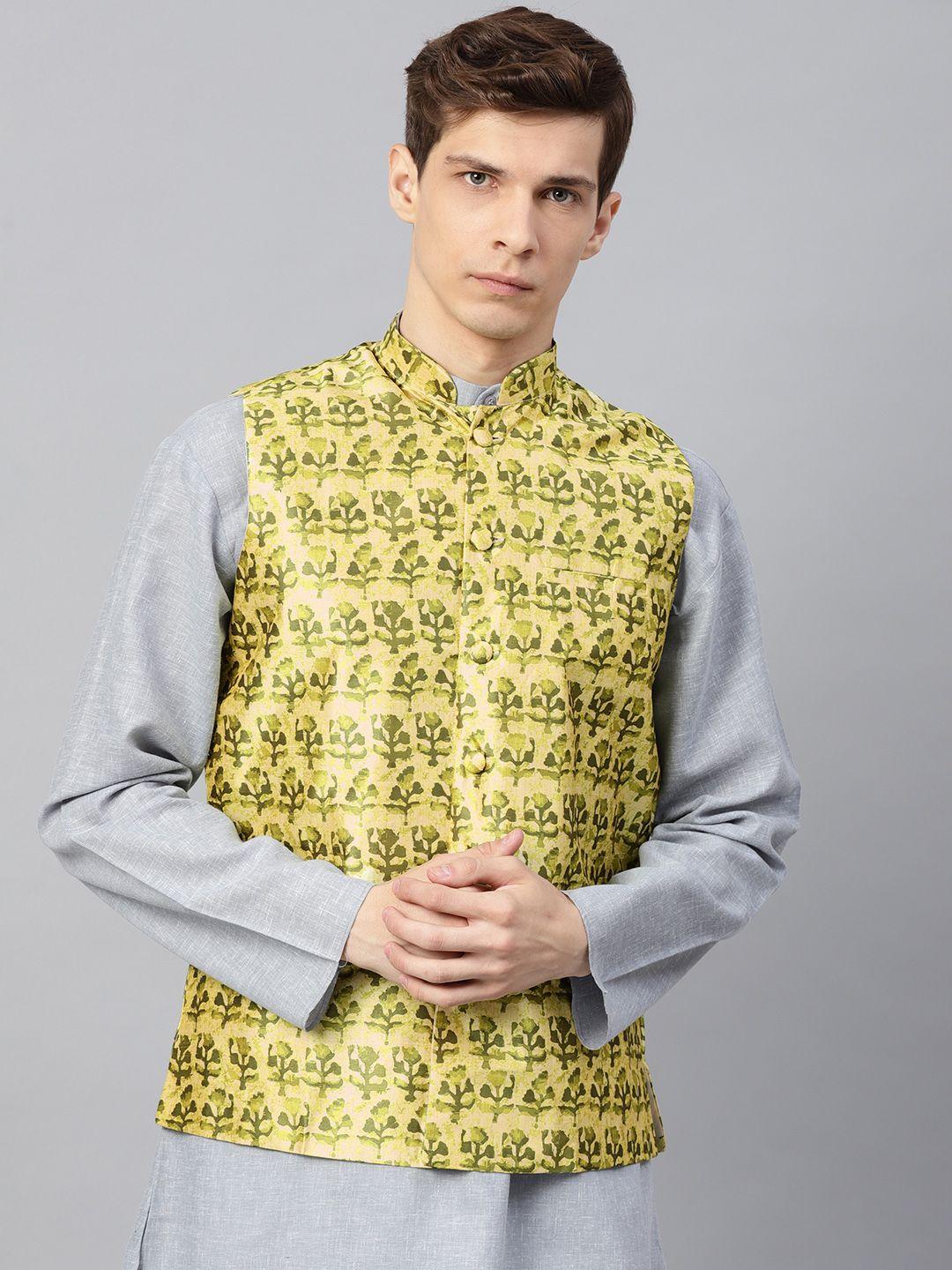 sojanya-men-yellow-&-green-printed-nehru-jacket