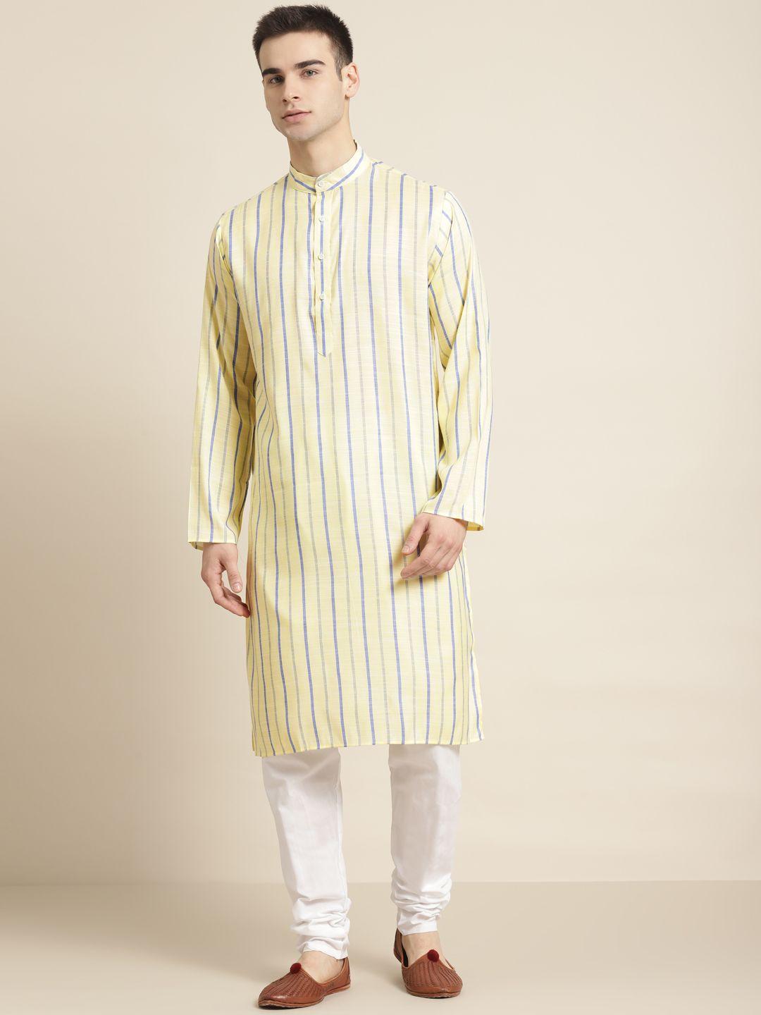 sojanya men yellow & purple cotton striped straight kurta