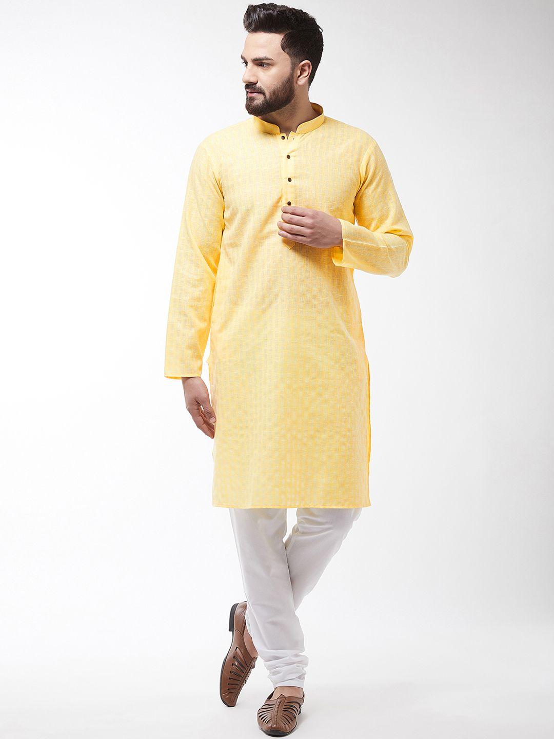 sojanya men yellow & white woven design kurta with churidar