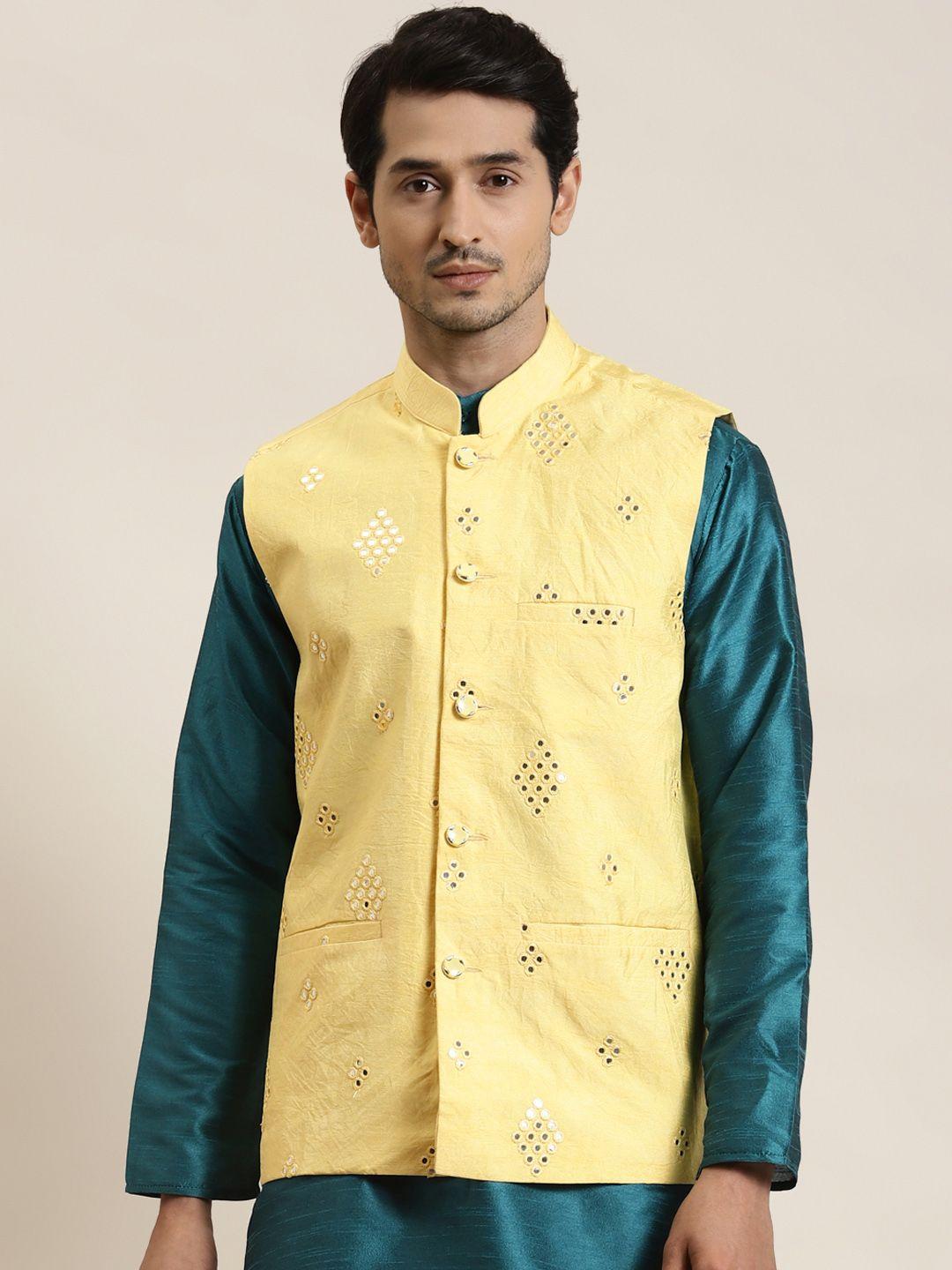 sojanya men yellow mirror work nehru jacket