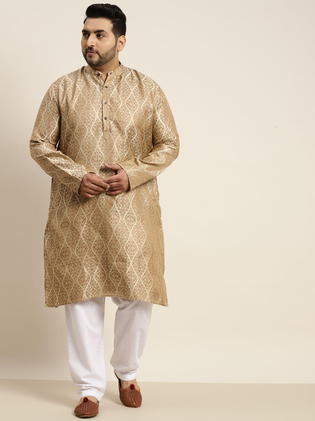 sojanya plus men beige jacquard self design kurta with pyjamas