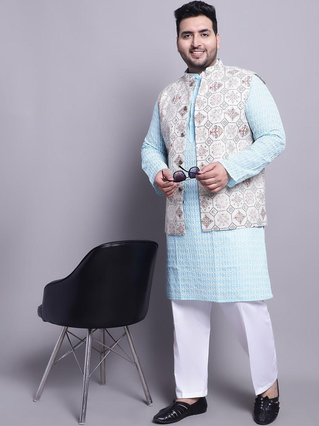 sojanya plus men blue ethnic motifs embroidered regular pure cotton kurta with pyjamas
