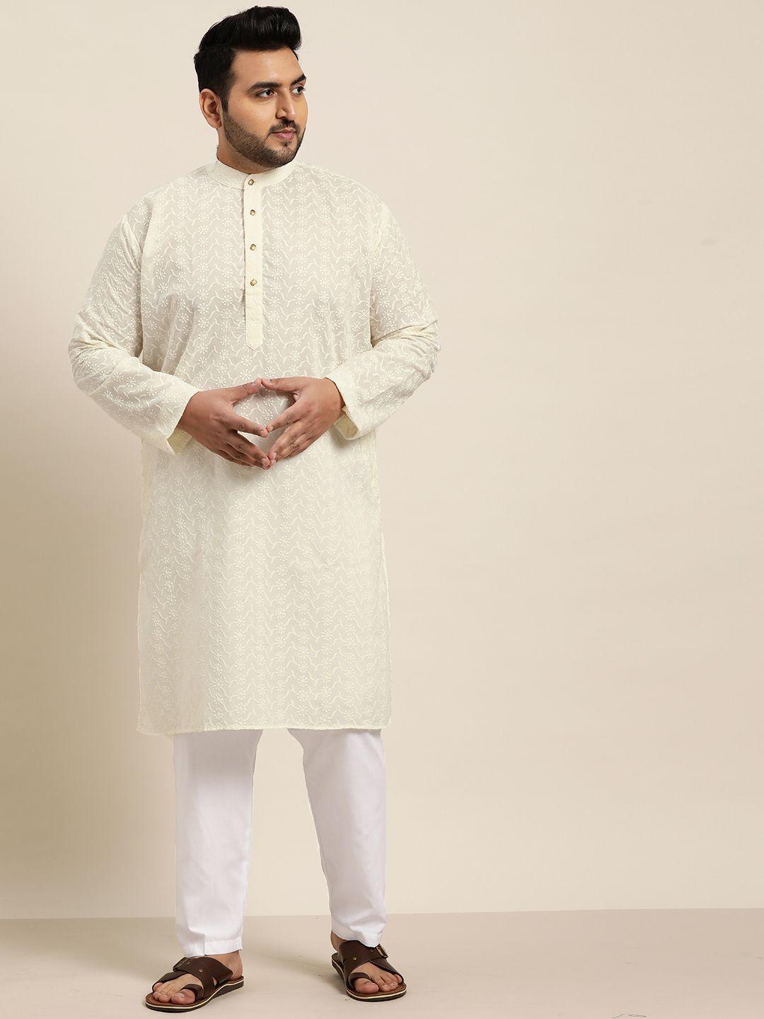 sojanya plus men cream-coloured ethnic motifs embroidered chikankari cotton kurta set