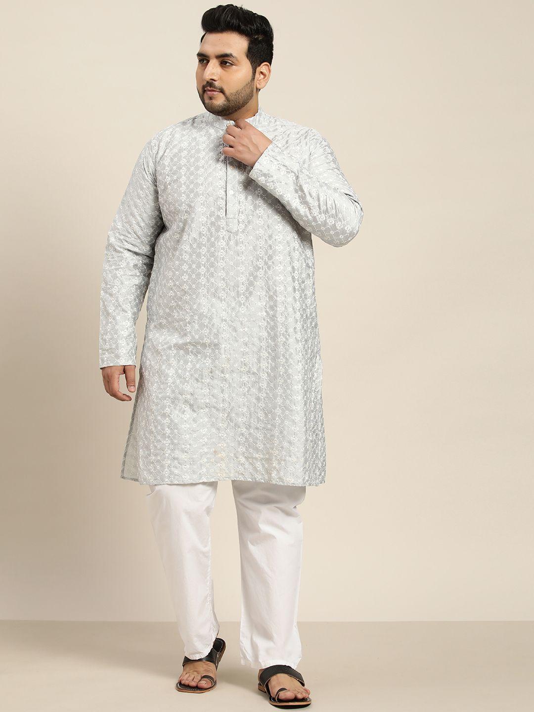 sojanya plus men grey & white chikankari embroidered kurta