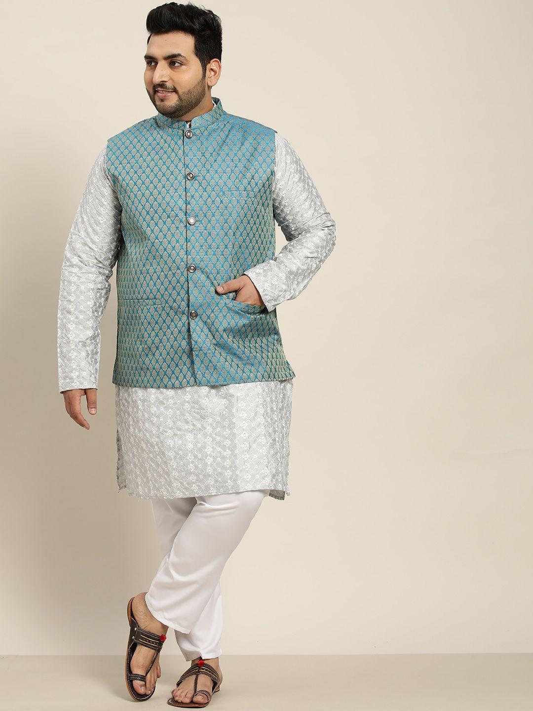 sojanya plus men grey embroidered kurta with churidar comes with a nehru jacket