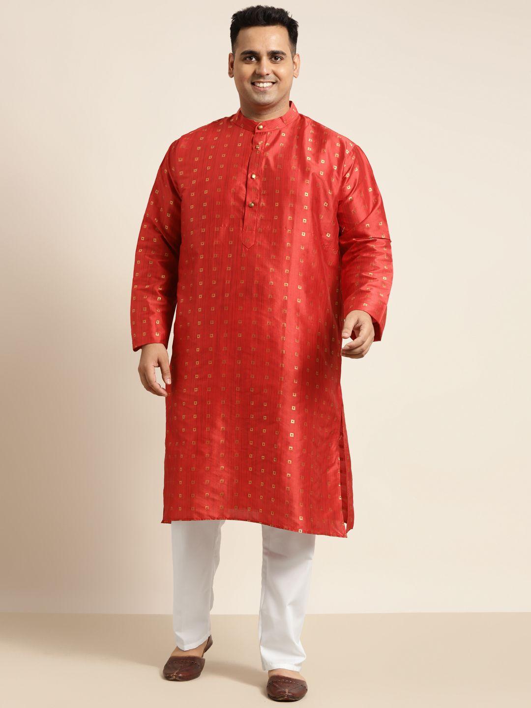 sojanya plus men maroon & gold-toned ethnic motifs print jacquard kurta